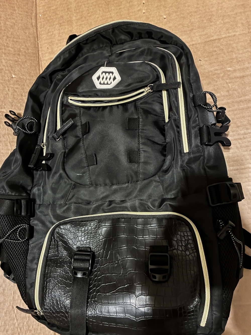 Black Men's Multi‑Pocket Backpack with Ivory Trim and Faux‑Croc Accent